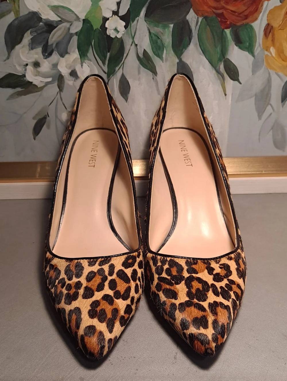 Nine West Elise Hair-on Fur Leopard-Print Pointed Toe Pumps Tan/Black 9.5 Shoe